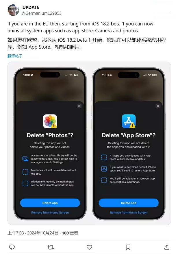 玉环苹果手机维修分享iOS 18.2 支持删除 App Store 应用商店 