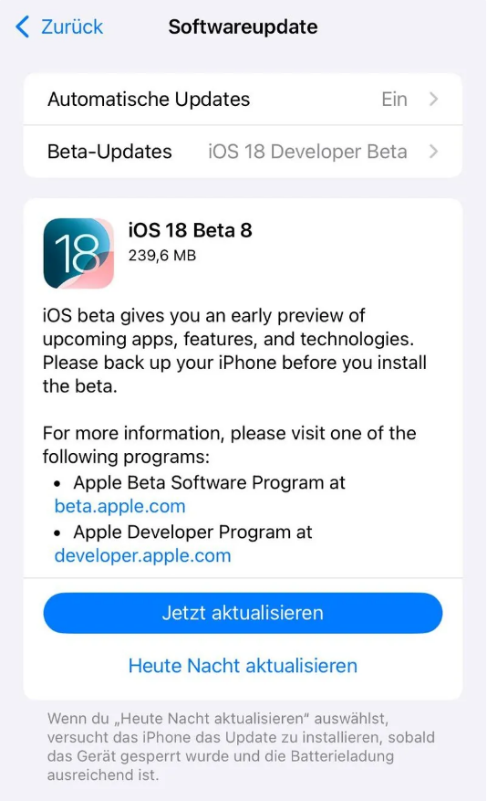 玉环苹果手机维修分享苹果 iOS / iPadOS 18 开发者预览版 Beta 8 发布 